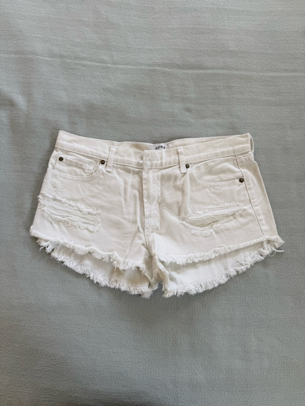 Pistola distressed white denim shorts